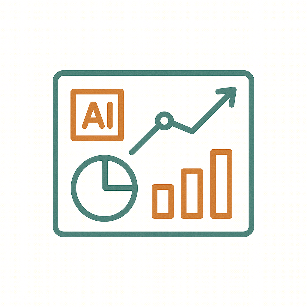 An infographic depicting data analysis with elements representing artificial intelligence, including a line graph, bar chart, and pie chart.