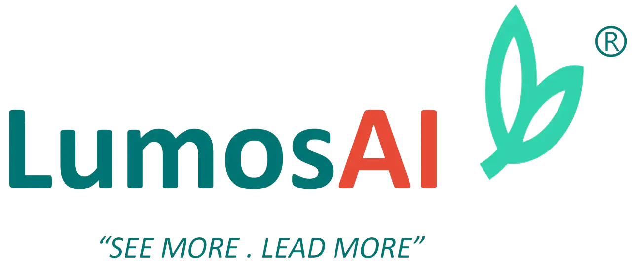 LumosAI logo featuring the company name in teal and orange, accompanied by a green leaf symbol. The tagline "SEE MORE, READ MORE" is positioned below the name, emphasizing the brand's focus on enhancing visual and reading experiences.
