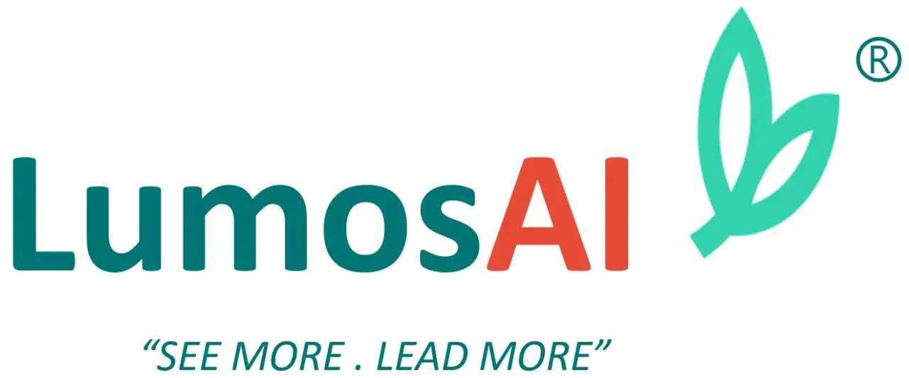 Logo of LumosAI featuring the name in teal and orange, accompanied by a green leaf symbol. The tagline "SEE MORE . LEAD MORE" is positioned below the logo.