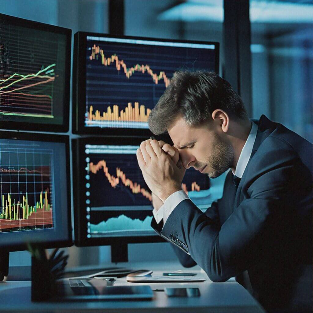 A businessman in formal attire sits at a desk, visibly stressed, with his hands clasped and head down. Multiple screens display fluctuating stock market graphs and data, indicating a tense financial situation.