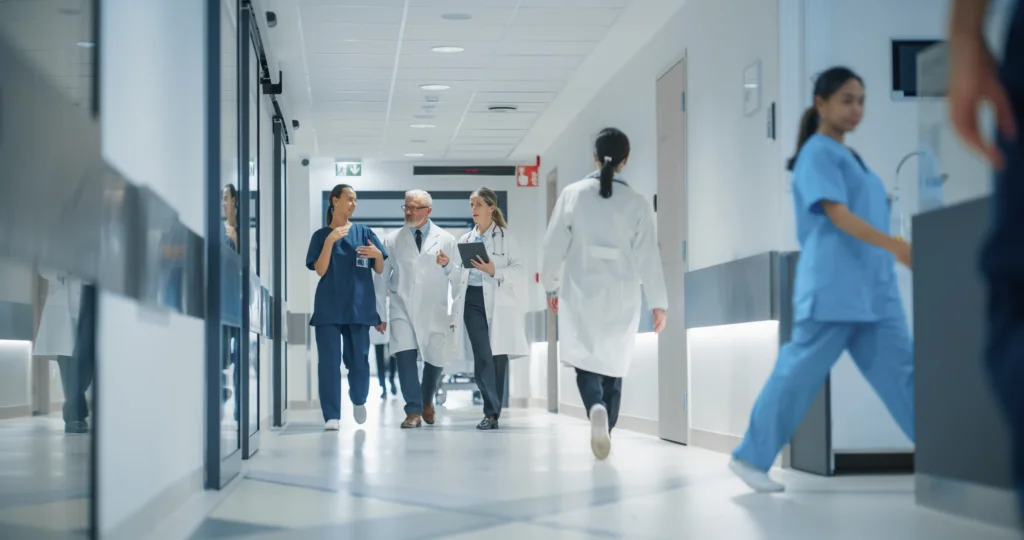 Medical staff in scrubs and lab coats walk through a hospital corridor, engaged in conversation and focused on their tasks.