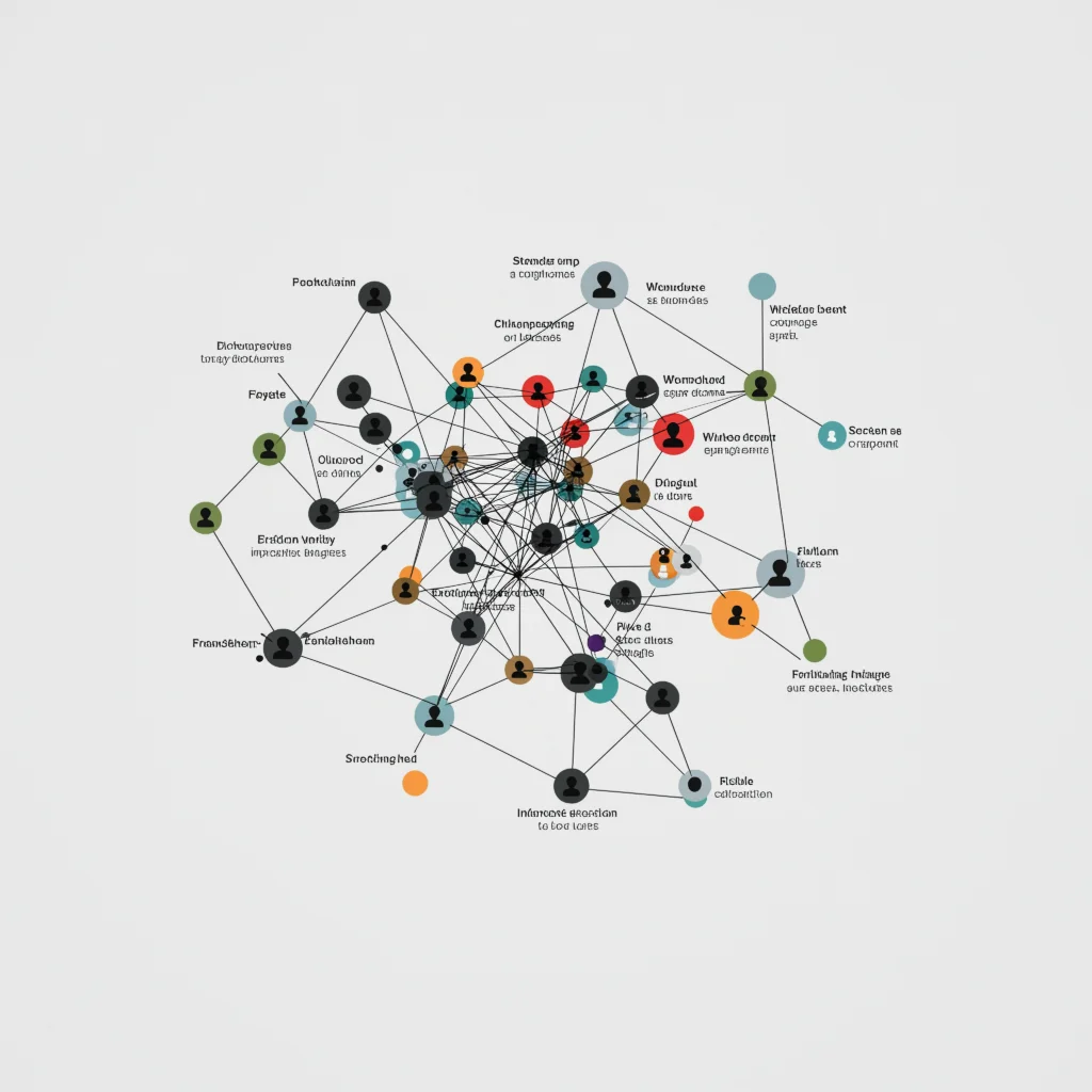 A complex network diagram displaying interconnected nodes in various colors, representing relationships or connections.
