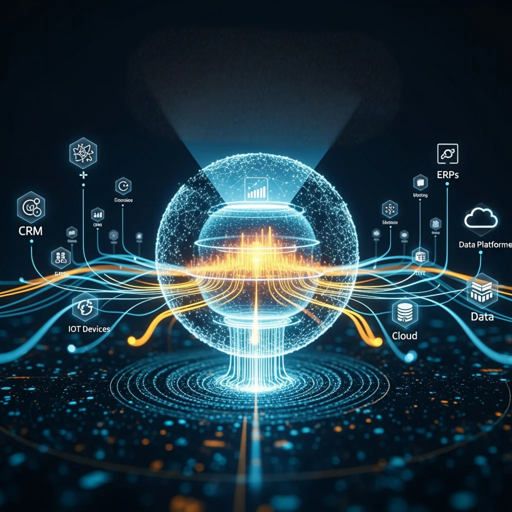 A digital sphere with interconnected lines and icons representing data platforms, CRM, IoT devices, and cloud technology, symbolizing a network of integrated systems.
